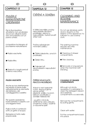Page 6565
EN
CHAPTER 12
CLEANING AND
ROUTINE
MAINTENANCE
Do not use abrasives, spirits and/or diluents on theexterior of the appliance. It issufficient to use a dampcloth. 
The washing machine requires very littlemaintenance: 
●  Cleaning of drawer compartments. 
●  Filter cleaning 
●  Removals or long periods when the machine is leftstanding. 
CLEANING OF DRAWER COMPARTMENTS 
Although not strictly necessary, it is advisable toclean the detergent, bleachand additivescompartments occasionally. 
Remove the...