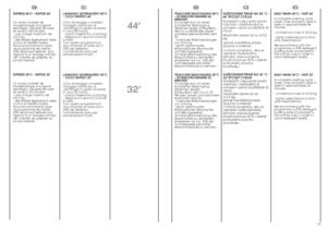 Page 2752
53
DAILY WASH 40°C – FAST 44’
A complete washing cycle
(wash, rinse and spin), able to
wash in approximately 44
minutes:
- a maximum load of 3/3,5 kg;
- lightly soiled fabrics (cotton
and mixed fabrics)
We recommend, with this
programme, a 30% detergent
loading dose (compared to
the normal one), in order to
avoid detergent waste.
DAILY WASH 30°C – FAST 32’
A complete washing cycle
(wash, rinse and spin), able to
wash in approximately 32
minutes:
- a maximum load of 2/2,5 kg;
- lightly soiled fabrics...