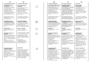 Page 2854
EN
55 4. SPECIALS 
SPECIAL “RINSE”
PROGRAMME
This programme carries out
three rinses with a
intermediate spin (which
can be reduced or
excluded by using the
correct button). It can be
used for rinsing any type of
fabric, eg. use after hand-
washing.
This program can be also
used  as cycle of Bleaching
(see table of washing cycle
programmes).
SPECIAL “FAST SPIN”
PROGRAMME
Programme “FAST SPIN”
carries out a maximum spin
(which can be reduced by
using the correct button).
DRAIN ONLY
This programme...