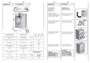 Page 59
EN
CHAPTER 5SETTING UPINST
ALLA
TION
Move the machine near its
permanent position without
the packaging base.
Carefully cut the securing
strap that holds the main
cord and the drain hose.
Remove the 4 fixing screws
marked (A) and remove the
4 spacers marked (B)
Cover the 4 holes using the
caps provided in the
instruction booklet pack.WARNING:
DO NOT LEAVE THE
PACKAGING IN THE
REACH OF CHILDREN
AS IT IS A POTENTIAL
SOURCE OF DANGER.
CZ
K KA
AP
PI
IT
TO
OL
LA
A 
 5
5UVEDENÍ DOPROVOZUINSTALACEOdstrañte...