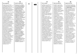 Page 1630
E
31
PT
TECLA AQUAPLUS
Pressionando esta tecla
poderá activar um novo ciclo
de lavagem especial nos
programas de Cores e Tecidos
Mistos, graças ao novo
Sistema Sensor Activa. Esta
opção cuida delicadamente
das fibras das roupas e da
delicada pele daqueles que
as usam.
A roupa é lavada numa maior
quantidade de água e isso,
em conjunto com a nova
combinação de acção de
ciclos de rotação do tambor,
dar-lhe-à roupa que foi
lavada e enxaguada na
perfeição. A quantidade de
água na lavagem foi
aumentada de...