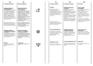 Page 2752
53
PT
4. Programas Especiais
PROGRAMA ESPECIAL
“ENXAGUAMENTO”
Este programa  é constituído
por três enxaguamento
com uma centrifugação
intermédia (que pode ser
reduzida ou excluída
usando a tecla correcta).
Pode ser utilizado para
enxaguar qualquer tipo de
tecido, ou por exemplo
para utilizar após a lavagem
de roupa à mão.
Este programa pode ser
igualmente usado como um
ciclo de branqueamento
(veja tabela de programas).
PROGRAMA ESPECIAL
“CENTRIFUGAÇÃO RÁPIDA”
O programa
“CENTRIFUGAÇÃO RÁPIDA”...