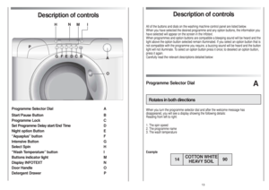 Page 7Description of controls
12
Description of controls
All of the buttons and dials on the washing machine control panel are listed below.
When you have selected the desired programme and any option buttons, the information you
have selected will appear on the screen in the Infotext.
When programmes and option buttons are compatible a bleeping sound will be heard and the
light above the option button selected remain illuminated. If you select an option button that is
not compatible with the programme you...