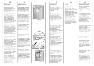 Page 22
IT
COMPLIMENTICon l’acquisto di questo
elettrodomestico Candy; 
Lei ha dimostrato di non
accettare compromessi: 
Lei vuole il meglio.
Candyé lieta di proporLe
questa nuova lavatrice
frutto di anni di ricerche e di
esperienze maturate sul
mercato, a contatto diretto
con i Consumatori. Lei ha
scelto la qualità, la durata e
le elevate prestazioni che
questa lavatrice Le offre.
CandyLe propone inoltre
una vasta gamma di
elettrodomestici: lavatrici,
lavastoviglie, lavasciuga,
cucine, forni a microonde,...