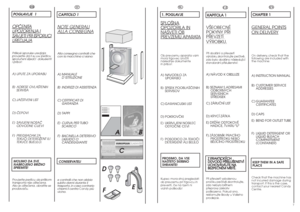 Page 46
7
E
AB
C
F
IT
CAPITOLO 1NO
TE GENERALI
ALLA CONSEGNAAlla consegna controlli che
con la macchina ci siano:A) MANUALE
D’ISTRUZIONE
B) INDIRIZZI DI ASSISTENZA
C) CERTIFICATI DI
GARANZIA
D) TAPPI
E) CURVA PER TUBO
SCARICO
F) BACINELLA DETERSIVO
LIQUIDO O
CANDEGGIANTE
CONSERVATELIe controlli che non abbia
subito danni durante il
trasporto, in caso contrario
chiami il centro Candypiù
vicino.
EN
CHAPTER 1GENERAL POINTSON DELIVER
Y
On delivery, check that the
following are included with
the machine:A)...