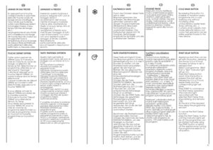 Page 16COLD WASH BUTTON
By pressing this button it is
possible to transform every
programme into a cold
washing one, without
modifying other
characteristics (water level,
times, rythmes, etc...).
Curtains, small carpets, man
made delicate fabrics, non
coulor fast garments can be
safely washed thanks to this
new device.
START DELAY BUTTON
Appliance start time can be
set with this button, delaying
the star by 3, 6 or 9 hours.
Proceed as follow to set a
delayed start:
Select a programme  (Wait
that a “Spin”...