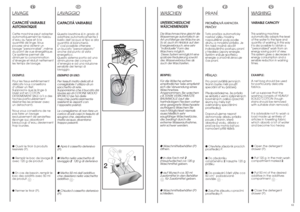 Page 31FR
IT
LA
VAGGIO
CAPACITÁ VARIABILEQuesta lavatrice é in grado di
adattare automaticamente il
livello dell’acqua al tipo e alla
quantità di biancheria.
E’ così possibile ottenere 
un bucato “personalizzato”
anche dal punto di vista
energetico.
Questo sistema porta ad una
diminuzione dei consumi
d’energia e ad una riduzione
sensibile dei tempi di
lavaggio.
ESEMPIO DI USO:
Per tessuti molto delicati é
consigliabile l’utilizzo di un
sacchetto di rete.
Supponiamo che il bucato da
lavare sia di COTONE MOLTO...