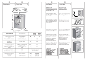 Page 59
EN
CHAPTER 5SETTING UPINST
ALLA
TION
Move the machine near its
permanent position without
the packaging base.
Carefully cut the securing
strap that holds the main
cord and the drain hose.
Remove the 3 fixing screws
marked (A) and remove the
3 spacers marked (B)
Remove the screw  (C).
A spacer will fall inside the
machine.
By tilting the machine,
remove the above
mentioned spacer.
Cover the 4 holes using the
caps provided in the
instruction booklet pack.WARNING:
DO NOT LEAVE THE
PACKAGING IN THE
REACH...