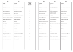 Page 3FR
IT
INDEXAvant-propos
Notes générales à la
livraison
Garantie
Mesures de sécurité
Données techniques
Mise en place, installation
Description des commandes
Tableau des programmes
Sélection
Tiroir à lessive
Le produit
Lavage
Séchage
Cycle automatique de 
lavage/séchage
Nettoyage et entretien 
Recherche des pannes
INDICEPrefazione
Note generali alla consegna
Garanzia
Prescrizioni di sicurezza
Dati tecnici
Messa in opera, installazione
Descrizione comandi
Tabella programmi
Selezione 
Cassetto detersivo
Il...