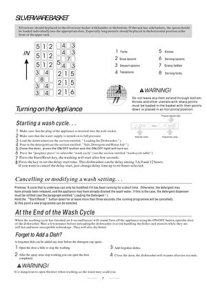 Page 337
SILVERWARE BASKET
Silverware should be placed in the silverware basket with handles at the bottom: If the rack has side baskets, the spoon should be loaded individually into the appropriate slots, Especially long utensils should be placed in the horizontal position at the front of the upper rack.
Turning on the Appliance
When the washing cycle has finished, an 8 second buzzer will sound.Turn off the appliance using the ON/OFF button,open the door of the dishwasher. Wait a few minutes before unloading...