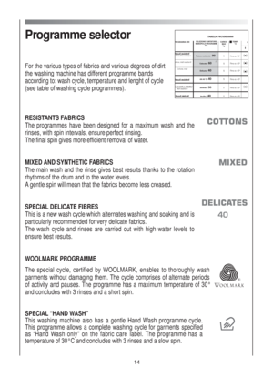 Page 1414
Programme selector
For the various types of fabrics and various degrees of dirt
the washing machine has different programme bands
according to: wash cycle, temperature and lenght of cycle
(see table of washing cycle programmes).
RESISTANTS FABRICS
The programmes have been designed for a maximum wash and the
rinses, with spin intervals, ensure perfect rinsing. 
The final spin gives more efficient removal of water.
MIXED AND SYNTHETIC FABRICS
The main wash and the rinse gives best results thanks to the...