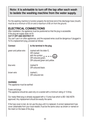 Page 30Note:it is advisable to turn off the tap after each wash
to isolate the washing machine from the water supply.
For the washing machine to function properly the terminal end of the discharge hose (mouth)
must be at a minimum of 50 cm and a maximum of 85 cm from the ground. 
ELECTRICAL CONNECTIONS
After installation, the appliance must be positioned so that the plug is accessible.
If the plug we supply does not fit 
CUT IT OFF AND DESTROY IT!
You can’t use it on other appliances, and the exposed wires...
