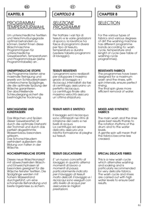 Page 61EN
61
CHAPTER 8
SELECTION
For the various types of
fabrics and various degrees
of dirt the washing machine
has different programme
bands according to: wash
cycle, temperature and
lenght of cycle (see table of
washing cycle
programmes).
RESISTANTS FABRICS
The programmes have been
designed for a maximum
wash and the rinses, with
spin intervals, ensure perfect
rinsing.
The final spin gives more
efficient removal of water.
MIXED AND SYNTHETIC
FABRICS 
The main wash and the rinse
gives best results thanks to...