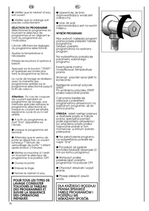 Page 76DLA KAÃDEGO RODZAJU
PRANIA SPRAWDÃ
TABELË PROGRAMÓW I
POSTËPUJ WE
WSKAZANY SPOSÓB.
76
FR
● Vérifier que le robinet d’eau
soit ouvert.
● Vérifier que la vidange soit
placée correctement.
SÉLECTION DU PROGRAMME
Sélectionnez le programme en
tournant le sélecteur de
programmes et en alignant le
nom du programme sur
l’indicateur.
L’écran affichera les réglages
du programme sélectionné.
Ajustez la température si
nécessaire
Pressez les boutons d’options si
besoin
Appuyez sur le bouton " START "
et...