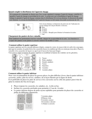 Page 50
Quand remplir le distributeur de l’agent de rinçage 
 
 
 
Si le niveau diminue, la dimension du point noir de l’indicateur de 
niveau change de la façon illustrée ci-dessous.
 
z  Plein 
~  3/4 plein 
}  1/2 plein 
  1 /4 plein – Remplir pour éliminer la formation de taches 
{  Vide 
Si le panneau de commande ne dispose pas d’un voyant si gnalant le manque d’agent de rinçage, contrôlez la 
quantité d’agent de rinçage en procédant de la sorte . Le point noir sur le distributeur d’agent de rinç\
age...