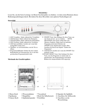 Page 63
 
WICHTIG! 
Lesen Sie, um die beste Leistung von Ihrem Geschirrspüler zu erhalten, vor dem ersten Benutzen dieses 
Bedienungsanleitungen durch. Bewahren Sie diese Broschüre zum späteren Nachschlagen auf. 
 
Steuerfeld 
11 12
1
2
3
4
5
67
8
9
10
 
 
 
 
 
 
 
 
 
 
 
  
1. LED Vorspülen:  blinkt während des Vorspülens.
2. LED Reinigen: blinkt während des Reinigens. 
3. LED Klarspülen: blinkt während des Klarspülens.
4. LED Trocknen: blinkt während des Trocknens. 
5. LED Salz nachfüllen: leuchtet auf,...