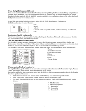 Page 67
Wann die Spülhilfe nachzufüllen ist 
Wenn es auf dem Steuerfeld Ihres Geräts kein Warnlämpchen für Spülhilfe gibt, können Sie die Menge an Spülhilfe auf 
folgende Weise abschätzen: Der schwarze Punkt am Spender  für Spülhilfe zeigt die Menge an Spülhilfe an, die im 
Spender ist. In dem Maß, wie sich die Spülhilfe verringert, wird der schwarze Punkt verkleinert. Sie sollten den Pegel 
der Spülhilfe nie unter ¼ voll sinken lassen. 
 
In dem Maß, wie sich die Spülhilfe verringert, ändert sich die Größe des...