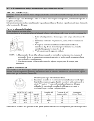 Page 82
NOTA: Si su modelo no incluye ablandador de agua, sáltese esta secció\
n. 
 
ABLANDADOR DE AGUA 
Existen dos maneras de reducir la dureza del agua: una de ellas es mediante un ablandador de agua. La otra, mediante 
detergente. 
La dureza del agua varía de un lugar a otro. Si se utiliza el lavavajillas con agua dura, se formarán depósitos en 
los platos y utensilios. 
Este electrodoméstico incluye  un ablandador especial que utiliza sal diseñada específicamente para eliminar la 
cal y los minerales del...