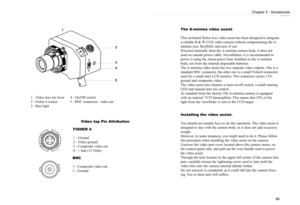 Page 27The A-minima video assist
This on-board flicker less video assist has been designed to integrate
a reliable B & W CCD video camera without compromising the A-
minima size, flexibility and ease of use.
Powered internally from the A-minima camera body, it does not
need an outside power cable. Nevertheless, it is recommended to
power it using the Aaton power base installed on the A-minima
body, not from the internal disposable batteries.
The A-minima video assist has two separate video outputs. One is a...