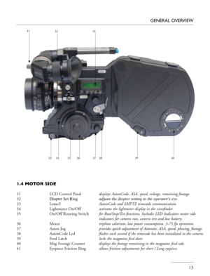 Page 13
   13
GENERAL OVERVIEW
1.4 MOTOR SIDE 
31    LCD Control Panel  displays AatonCode, ASA, speed, voltage, remaining footage.
32   Diopter Set Ring   adjusts the diopter setting to the operator's eye.
33    Lemo5     AatonCode and SMPTE timecode communication.
34    Lightmeter On/Off   activates the lightmeter display in the viewﬁnder.
35    On/Off Rotating Switch for Run/Stop/Test fonctions. Includes LED Indicators motor side   
          indicators for camera run, camera test and low battery.
36...