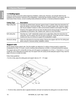 Page 1414
1.4 Ceiling types
Check the ceiling construction before beginning installation. Ceiling type, thickness, and strength determine the
installation and connection methods for the loudspeakers. Ceiling type also dictates whether to use support rails. If in
doubt about these choices, consult a building trade professional, architect, or licensed professional engineer.
Ceiling Type Description
Rigid ceiling tiles If the tiles are particle board, plywood, gypsum board, or plaster, follow the instructions for...