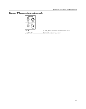 Page 2121 C
ONTROLS, INDICATORS AND CONNECTIONS
English Deutsch FrançaisDansk Español Italiano SvenskaNederlands Dansk Italiano SvenskaDeutsch Nederlands English FrançaisEspañol
Channel 3/4 connections and controls
Line IN....................................... ¼-inch phone connector unbalanced line input
Level 0 to 12 ............................. Controls the source input level
PIASOG.book  Page 21  Wednesday, February 14, 2007  3:10 PM 