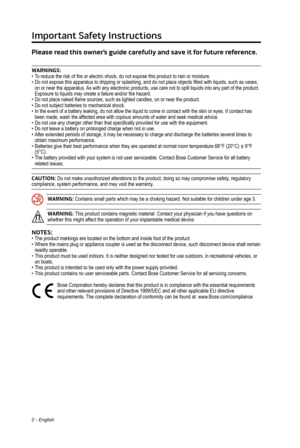 Page 22 - English
Important Safety Instructions
Please read this owner’s guide carefully and save it for future reference. 
WARNINGS:
• Toreducetheriskoffireorelectricshock,donotexposethisproducttorainormoisture.•...