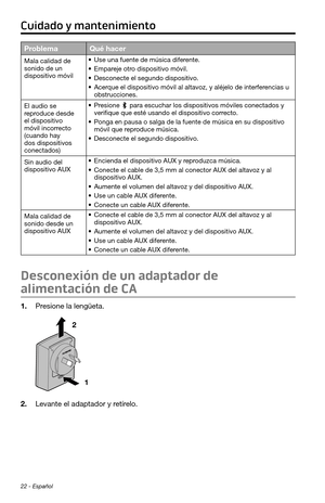 Page 11022 - Español
ProblemaQué hacer
Mala calidad de 
sonido de un 
dispositivo móvil• Use una fuente de música diferente.
• Empareje otro dispositivo móvil.
• Desconecte el segundo dispositivo.
• Acerque el dispositivo móvil al altavoz, y aléjelo de interferencias u 
obstrucciones.
El audio se 
reproduce desde 
el dispositivo 
móvil incorrecto 
(cuando hay 
dos dispositivos 
conectados)
• Presione  para escuchar los dispositivos móviles conectados y 
verifique que esté usando el dispositivo correcto.
• Ponga...