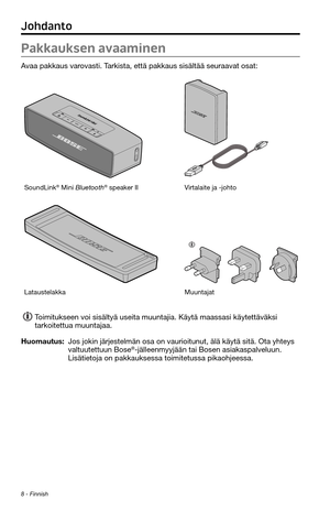 Page 1188 - Finnish
Pakkauksen avaaminen
Avaa pakkaus varovasti. Tarkista, että pakkaus sisältää seuraavat osat:
SoundLink® Mini Bluetooth® speaker IIVirtalaite ja -johto
LataustelakkaMuuntajat 
Toimitukseen voi sisältyä useita muuntajia. Käytä maassasi kä\
ytettäväksi 
tarkoitettua muuntajaa.
Huomautus:  Jos jokin järjestelmän osa on vaurioitunut, älä käytä \
sitä. Ota yhteys valtuutettuun Bose®-jälleenmyyjään tai Bosen asiakaspalveluun. 
Lisätietoja on pakkauksessa toimitetussa pikaohjeessa.
Johdanto 