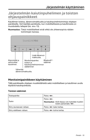 Page 125 Finnish - 15
Järjestelmän käyttäminen
Järjestelmän kaiutinpuhelimen ja toiston 
ohjauspainikkeet
Kaiuttimen toistoa, äänenvoimakkuutta ja kaiutinpuhelintoimintoja \
ohjataan 
painikkeilla. Voit käyttää painikkeita, kun mobiililaitteesta ja kaiuttimesta on 
muodostettu laitepari (ks. sivu 13). 
Huomautus: Tietyt mobiililaitteet eivät ehkä ole yhteensopivia näiden 
toimintojen kanssa.
Käynnistää ja 
sammuttaa 
kaiuttimen.Vähentää 
äänenvoimakkuutta. Monitoimipainike: 
toiston ja 
kaiutinpuhelintoiminnon...