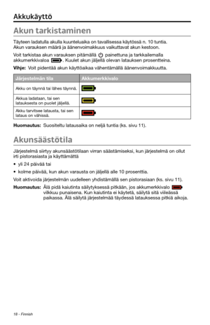 Page 12818 - Finnish
Akkukäyttö
Akun tarkistaminen
Täyteen ladatulla akulla kuunteluaika on tavallisessa käytössä\
 n. 10 tuntia. Akun varauksen määrä ja äänenvoimakkuus vaikuttavat akun kesto\
on.
Voit tarkistaa akun varauksen pitämällä  painettuna ja tarkkailemalla akkumerkkivaloa . Kuulet akun jäljellä olevan latauksen prosentteina.
Vihje: Voit pidentää akun käyttöaikaa vähentämällä ää\
nenvoimakkuutta.
Järjestelmän tilaAkkumerkkivalo
Akku on täynnä tai lähes täynnä.
Akkua ladataan, tai sen latauksesta on...