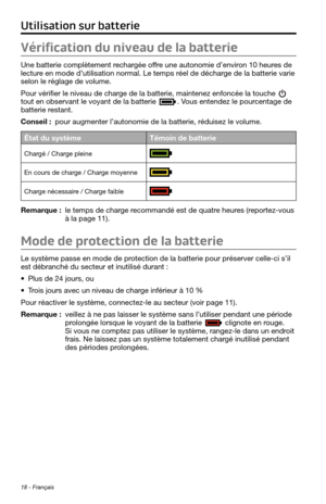 Page 15018 - Français
Utilisation sur batterie
Vérification du niveau de la batterie
Une batterie complètement rechargée offre une autonomie d’environ 10 heures de 
lecture en mode d’utilisation normal. Le temps réel de décharge de la batterie varie 
selon le réglage de volume.
Pour vérifier le niveau de charge de la batterie, maintenez enfoncée la touche 
 tout en observant le voyant de la batterie . Vous entendez le pourcentage de batterie restant.
Conseil : pour augmenter l’autonomie de la batterie, réduisez...