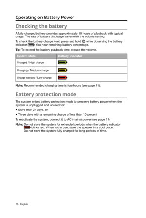 Page 1818 - English
Operating on Battery Power
Checking the battery
A fully charged battery provides approximately 10 hours of playback with typical 
usage. The rate of battery discharge varies with the volume setting.
To check the battery charge level, press and hold 
 while observing the battery 
indicator . You hear remaining battery percentage.
Tip: To extend the battery playback time, reduce the volume.
System state Battery indicator
Charged / High charge 
Charging / Medium charge
 
Charge needed / Low...