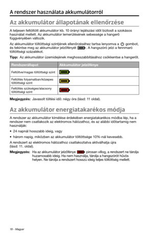 Page 19418 - Magyar
A rendszer használata akkumulátorról
Az akkumulátor állapotának ellenőrzése
A teljesen feltöltött akkumulátor\t kb. 10 órányi lejátszási időt \tbiztosít a szokásos 
\fasználat mellett. A\tz akkumulátor lemer\tülésének sebessége\t a \fangerő 
függvényében változik.
Az akkumulátor töltö\tttségi szintjének el\tlenőrzésé\fez tartsa lenyomva a 
 gombot, és tekintse meg az \takkumulátor jelzőfényét . A \fangszóró jelzi a fennmaró töltöttségi százalék\tot.
Tipp: Az akkumulátor üzemidejének...