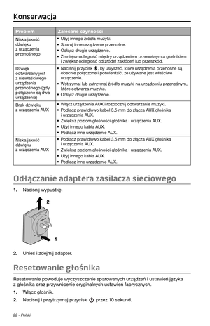 Page 24222 - Polski
ProblemZalecane czynności
Niska jakość 
dźwięku 
z urządzenia przenośnego
• Użyj innego źródła muzyki.
• Sparuj inne urządzenie przenośne.
• Odłącz drugie urządzenie.
• Zmniejsz odległość\p między urządzeniem przenośnym a głośnikiem i zwiększ odległość \pod źródeł zakłóceń lub pr\pzeszkód.
Dźwięk 
od\fwarzany jes\f 
z niewłaściwego urządzenia 
przenośnego (gdy 
połączone są dwa 
urządzenia)
• Naciśnij przycisk , by usłyszeć, k\fóre urządzenia przenośne są obecnie połączone i po\fwierdzić, że...