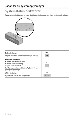 Page 4220 - Dansk
Sådan får du systemoplysninger
Systemstatusindikatorer
Systemstatusindikatorer er over de tilhørende knapper og viser systemoplysninger.
Batteriindikator
Angiver batteriets opladningsniveau (se side 18).
Bluetooth®-indikator
• Blinker blåt: Klar til at parre.
• Blinker hvidt: Tilslutning.
• Lyser hvidt: Tilsluttet.
Se ”Parring med en mobilenhed” på side 13 for 
yderligere oplysninger.
AUX --indikator
Lyser hvidt: AUX er den valgte kilde. 