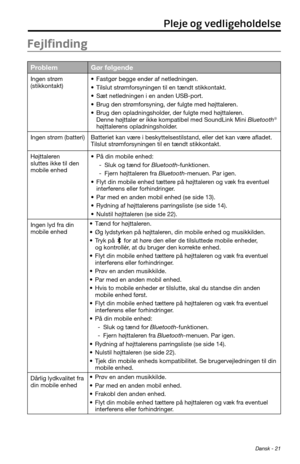 Page 43 Dansk - 21
Pleje og vedligeholdelse
Fejlfinding
ProblemGør følgende
Ingen strøm 
(stikkontakt)• Fastgør begge ender af netledningen.
• Tilslut strømforsyningen til en tændt stikkontakt.
• Sæt netledningen i en anden USB-port.
• Brug den strømforsyning, der fulgte med højttaleren.
• Brug den opladningsholder, der fulgte med højttaleren. Denne højttaler er ikke kompatibel med SoundLink Mini Bluetooth® 
højttalerens opladningsholder.
Ingen strøm (batteri) Batteriet kan være i beskyttelsestilstand, eller...