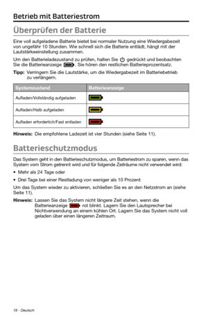 Page 6218 - Deutsch
Betrieb mit Batteriestrom
Überprüfen der Batterie
Eine voll aufgeladene Batterie bietet bei normaler Nutzung eine Wiedergabezeit 
von ungefähr 10 Stunden. Wie schnell sich die Batterie entlädt, hä\
ngt mit der 
Lautstärkeeinstellung zusammen.
Um den Batterieladezustand zu prüfen, halten Sie 
 gedrückt und beobachten Sie die Batterieanzeige . Sie hören den restlichen Batterieprozentsatz.
Tipp: Verringern Sie die Lautstärke, um die Wiedergabezeit im Batteriebetrieb zu verlängern....