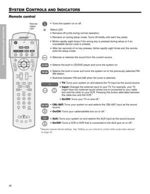 Page 2626
SYSTEM
 C
ONTROLS AND
 INDICATORS
Dansk Italiano Svenska DeutschNederlands EnglishFrançais Español
SYSTEM CONTROLS AND INDICATORS
Remote control
Remote 
status
LED• Turns the system on or off.
Status LED:
• Remains off (unlit) during normal operation.
• Remains on during setup mode. Turns off briefly with each key press.
• Blinks rapidly eight times if the wrong key is pressed during setup or if an 
unavailable device code is entered.
• After ten seconds of no key presses, blinks rapidly eight times...