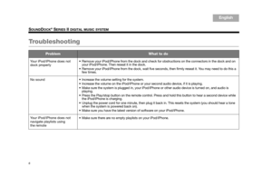 Page 86
SOUNDDOCK® SERIES II DIGITAL MUSIC SYSTEM
English
TA B  6
TA B  8 TA B  7 TA B  3
TA B  5 TA B  2
TA B  4
Troubleshooting
ProblemWhat to do
Your iPod/iPhone does not 
dock properly  Remove your iPod/iPhone from the do
ck and check for obstructions on the connectors in the dock and on 
your iPod/iPhone. Then reseat it in the dock.
 Remove your iPod/iPhone from the dock , wait five seconds, then firmly reseat it. You may need to do this a 
few times.
No sound  Increase the volume setting for the system....