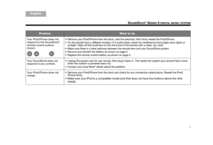 Page 97
SOUNDDOCK® SERIES II DIGITAL MUSIC SYSTEM
TA B  5
TAB 4TAB 6TAB 8 TA B  7
English TAB 3
TA B  2
Your iPod/iPhone does not 
respond to the SoundDock® 
remote control buttons 
shown:  Remove your iPod/iPhone from th
e dock, wait five seconds, then firmly reseat the iPod/iPhone.
 Try the remote from a different location. If it works th ere, check for interference from bright room lights or 
sunlight. Wipe off the small lens on the fron t end of the remote with a clean, dry cloth.
 Make sure there is a...