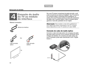 Page 10210
INSTALAÇÃO DO SISTEMA
TA B  1 ,  9
TAB 6, 14
TAB 8, 16 TAB 7, 15 TAB 3, 11
TA B  5 ,  1 3 TA B  2 ,  1 0
Português
Se a sua TV possui conectores de saída de áudio, você 
pode conectá-los ao sistema CineMate
®. Sua TV pode ter 
um conector óptico, conectores RCA analógicos, ou 
ambos. Se a sua TV possui ambos os tipos de conectores 
de saída, use o conector óptico. Usar a conexão óptica 
garante a mais alta qualidade do som digital. 
Observação:  Para receber a mais alta qualidade do 
som digital das...