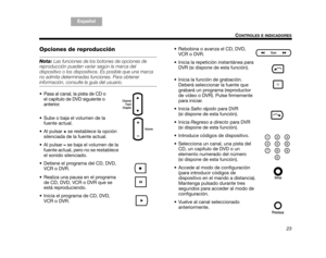 Page 5523
CONTROLES E INDICADORES
TA B  5 ,  1 3
TA B  4 ,  1 2 TA B  6 ,  1 4 TA B  8 ,  1 6 TA B  7 ,  1 5
TAB 1, 9 TAB 3, 11
Español
Opciones de reproducción
Nota:  Las funciones de los botones de opciones de 
reproducción pueden variar según la marca del 
dispositivo o los dispositivos. Es posible que una marca 
no admita determinadas funciones. Para obtener 
información, consulte  la guía del usuario.
 Pasa al canal, la pista de CD o  el capítulo de DVD siguiente o 
anterior.
 Sube o baja el volumen de la...