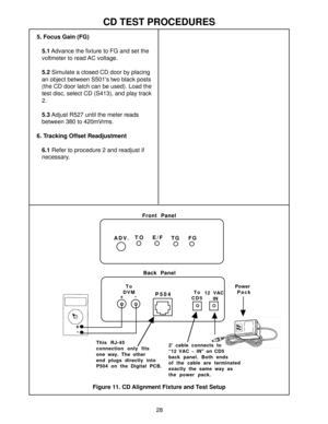 Page 2928
Figure 11. CD Alignment Fixture and Test Setup
5. Focus Gain (FG)
5.1 Advance the fixture to FG and set the
voltmeter to read AC voltage.
5.2 Simulate a closed CD door by placing
an object between S501s two black posts
(the CD door latch can be used). Load the
test disc, select CD (S413), and play track
2.
5.3 Adjust R527 until the meter reads
between 380 to 420mVrms.
6. Tracking Offset Readjustment
6.1 Refer to procedure 2 and readjust if
necessary.
CD TEST PROCEDURES
ADV.TO E/F
TG FG
P504 Front...