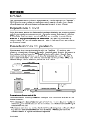 Page 246 – Español
BIENVENIDO
Gracias
Gracias por seleccionar un sistema de altavoces de cine digital en el hogar CineMate® 1 
SR. Este sistema proporciona un rendimiento acústico extraordinario con un diseño 
elegante que mejorará considerablemente su experiencia de cine en el hogar.
Reproduzca el DVD
Antes de empezar a segu ir las siguientes instrucciones detalladas que ofrecemos en esta 
guía, le recomendamos que reproduzca la información general de  instalación del disco 
DVD incluido. Esta info rmación le...