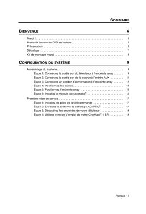 Page 41Français – 5
SOMMAIRE
BIENVENUE 6
Merci ! . . . . . . . . . . . . . . . . . . . . . . . . . . . . . . . . . . . . . . . . . . . . . . . . . . . . . . . . 6
Mettez le lecteur de DVD en lecture . . . . . . . . . . . . . . . . . . . . . . . . . . . . . . . . . 6
Présentation  . . . . . . . . . . . . . . . . . . . . . . . . . . . . . . . . . . . . . . . . . . . . . . . . . . . 6
Déballage  . . . . . . . . . . . . . . . . . . . . . . . . . . . . . . . . . . . . . . . . . . . . . . . . . . . . . 7
Kit de...
