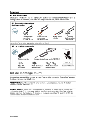 Page 448 – Français
BIENVENUE
 Kits d’accessoiresChaque kit est identifié par une icône sur le carton. Ces icônes sont affichées lors de la  configuration du système pour indiquer l’emplacement des pièces nécessaires.
*Le cordon d’alimentation approp rié à votre région est fourni.
Kit de montage mural
L’enceinte array peut être montée au mur. Pour ce faire, contactez Bose afin d’acquérir 
le kit de montage mural WB-135.
ATTENTION : Pour fixer l’enceinte array au mur, n’utilisez pas de  matériel de fixation...