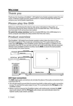 Page 66 – English
WELCOME
Thank you
Thank you for choosing a CineMate® 1 SR digital home theater speaker system for your 
home. It delivers supe rb acoustic performanc e in a stylish package that will greatly 
enhance your home theater experience.
Please play the DVD
Before you start following the step-by-step  setup instructions in this guide, we 
recommend playing the setup overview on the included DVD disc. This will show 
you how easy it is to set up your new system.
To watch the setup overview,  load the...
