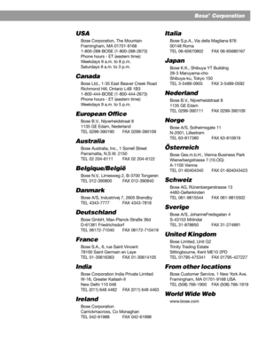 Page 281
Bose®  Corporation
USA
Bose Corporation, The Mountain
Framingham, MA 01701-9168
1-800-288-BOSE (1-800-288-2673)
Phone hours - ET (eastern time):
Weekdays 9 a.m. to 8 p.m.
Saturdays 9 a.m. to 3 p.m.
Canada
Bose Ltd., 1-35 East Beaver Creek Road
Richmond Hill, Ontario L4B 1B3
1-800-444-BOSE (1-800-444-2673)
Phone hours - ET (eastern time):
Weekdays 9 a.m. to 5 p.m.
European Office
Bose B.V., Nijverheidstraat 8
1135 GE Edam, Nederland
TEL 0299-390190 FAX 0299-390109
Australia
Bose Australia, Inc., 1...