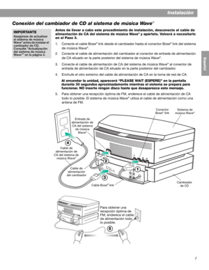 Page 237
Instalación
English FrançaisEspañol
Conexión del cambiador de CD al sistema de música Wave®
Antes de llevar a cabo este procedimiento de instalación, desconecte el cable de 
alimentación de CA del sistema de música Wave® y apártelo. Volverá a necesitarlo 
en el Paso 3.
1. Conecte el cable Bose
® link desde el cambiador hasta el conector Bose® link del sistema 
de música Wave®.
2. Conecte el cable de alimentación del cambiador al conector de entrada de alimentación 
de CA situado en la parte posterior...